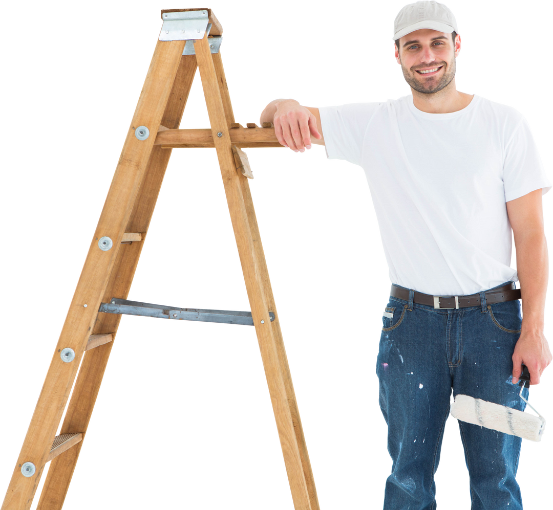 Man with Transparent Background Standing by Ladder Holding Paint Roller - Download Free Stock Images Pikwizard.com