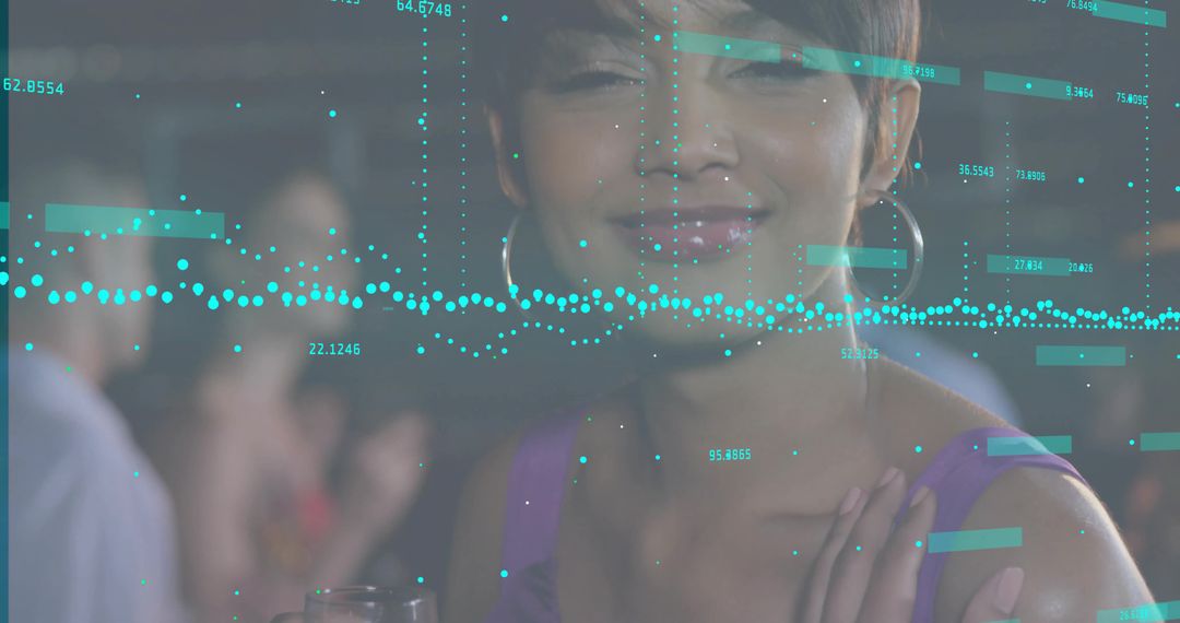 Woman Enjoying Lounge Bar with Futuristic Data Visualization Overlay