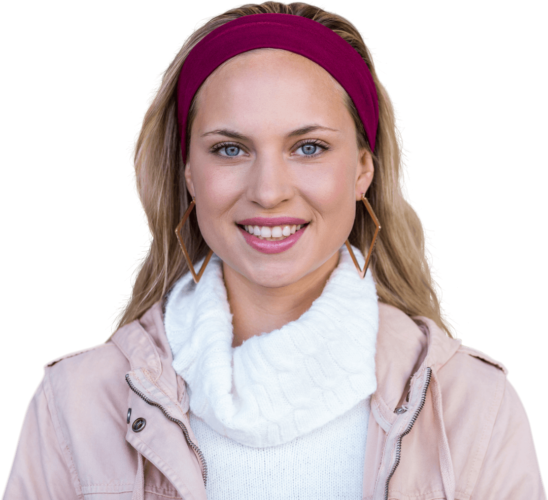 Transparent Background Smiling Woman in Casual Jacket and Headband