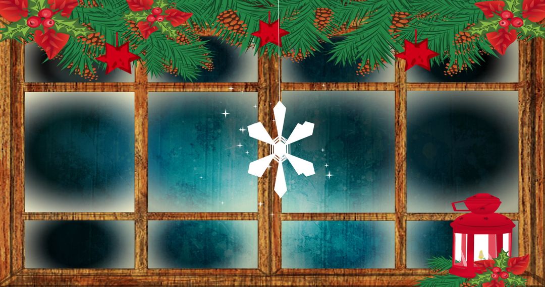Festive Snowflake Ornament Against Frosted Winter Pane