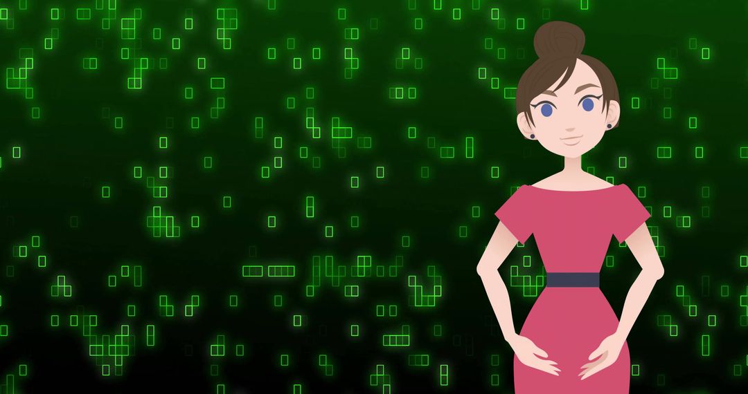 Digital Female Character Amidst Virtual Binary Landscape