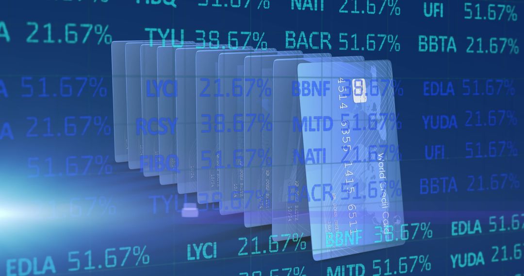 Financial Data Overlay on Credit Cards Illustrating Business Concepts