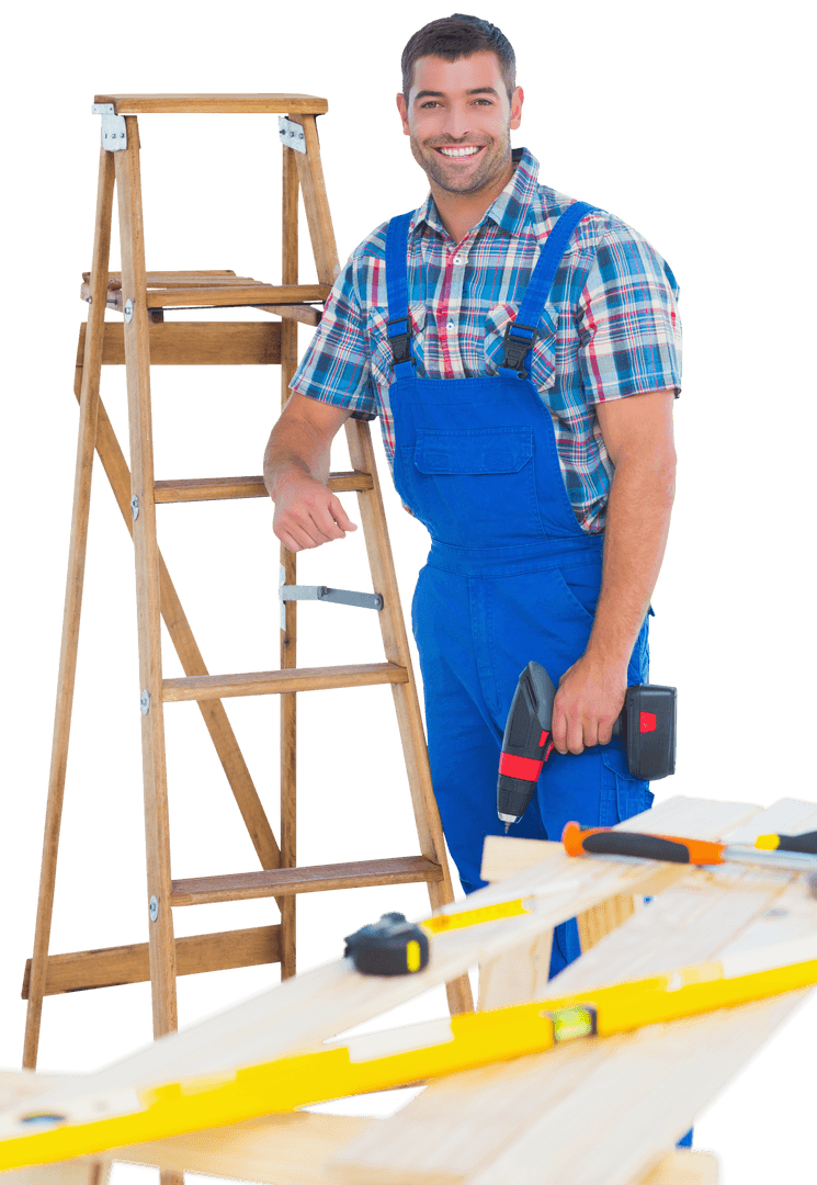 Smiling Carpenter Holding Power Drill with Ladder and Tools Transparent Background