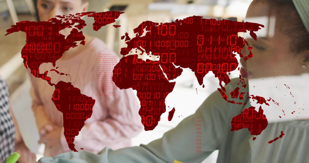 Women collaborating over tablet with red world map overlay showcasing global analytics
