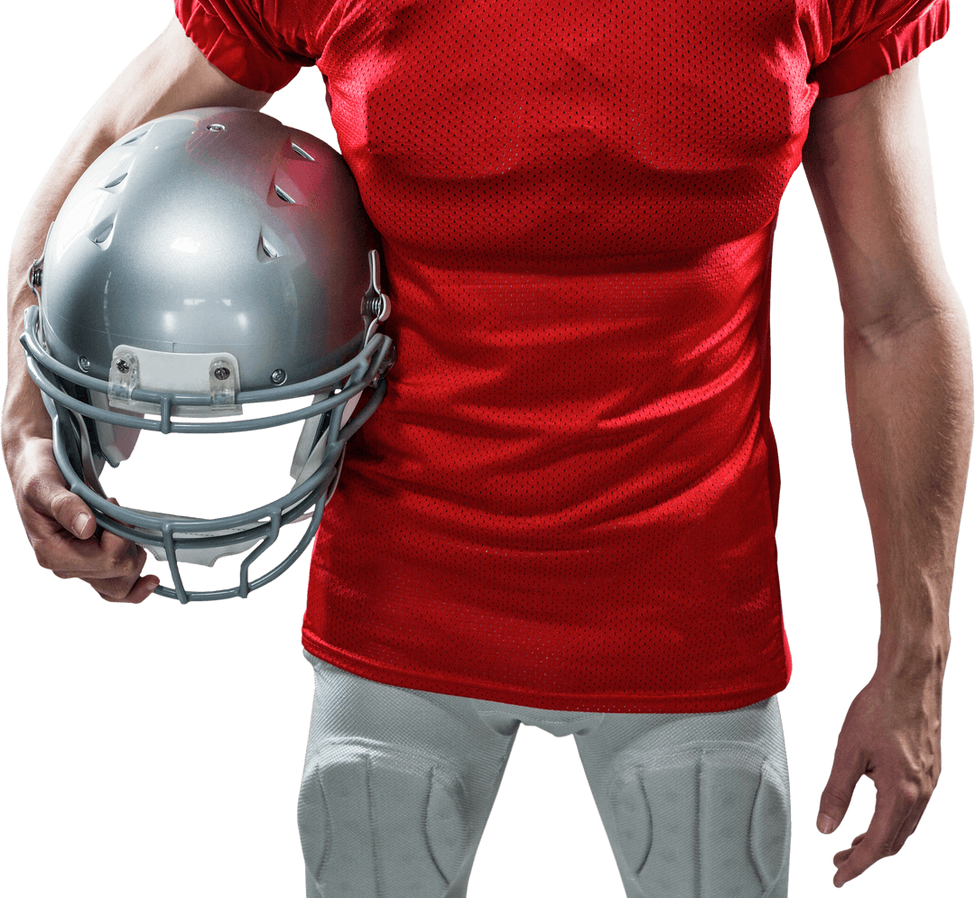 Midsection of Athlete in Red Jersey Holding Football Helmet Transparent Background