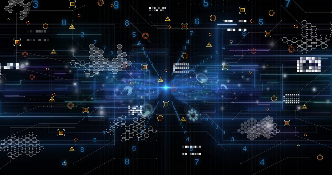 Futuristic Digital Network with Central Node and Blue Beams