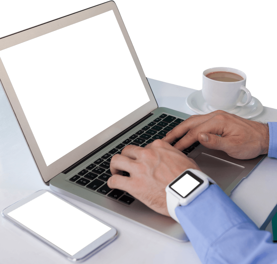 Transparent Laptop Work on Office Desk with Tech Accessories