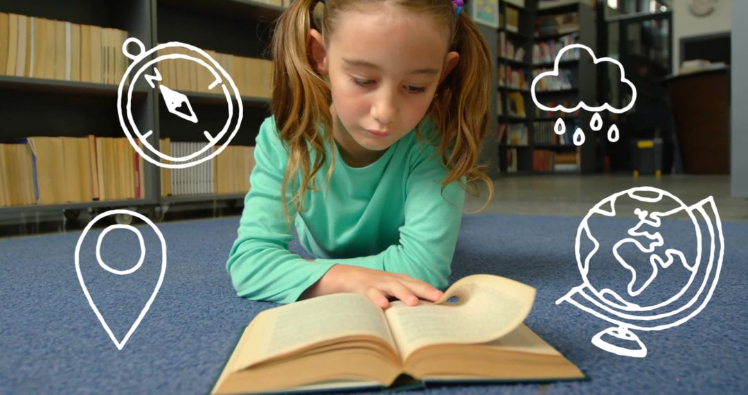 Caucasian Schoolgirl Reading in Library with Digitally Generated Icons