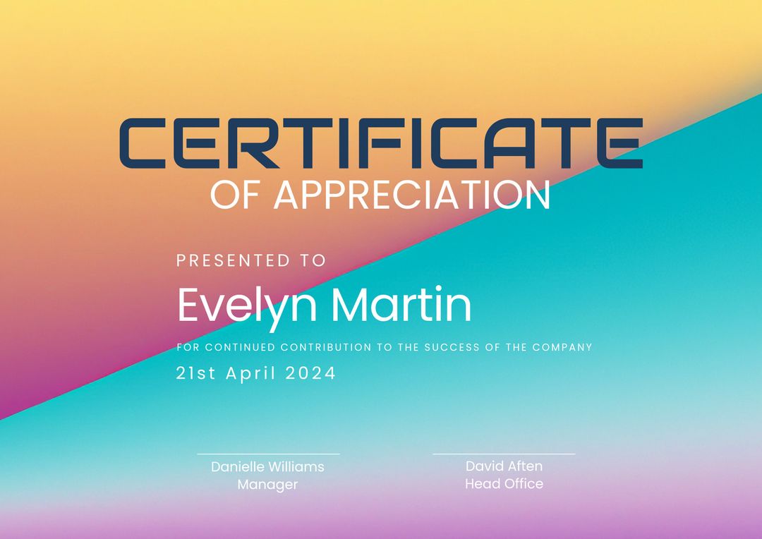 Certificate of Appreciation with Vibrant Gradient Background - Download Free Stock Templates Pikwizard.com