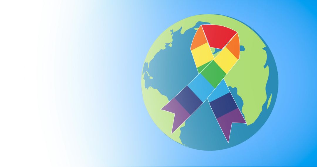 Colorful Awareness Ribbon Spanning Globe Against Blue Background