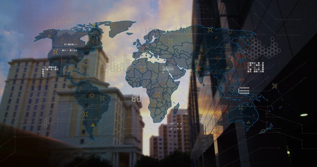 Digital World Map Overlay Connecting Global Nodes in Urban Sunset Setting