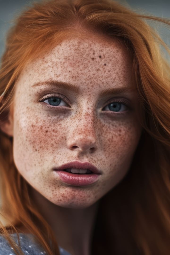 Portrait of red haired woman with blue eyes and freckles, created using generative ai technology - Free Images, Stock Photos and Pictures on Pikwizard.com
