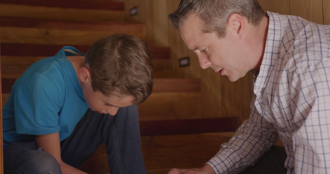 Father bending down tying shoelaces for son on wooden staircase - Free Images, Stock Photos and Pictures on Pikwizard.com