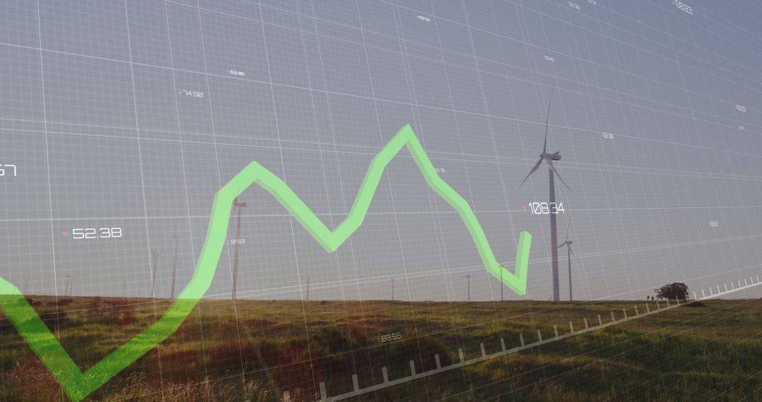 Wind Turbines with Data Overlay Representing Renewable Energy Analytics