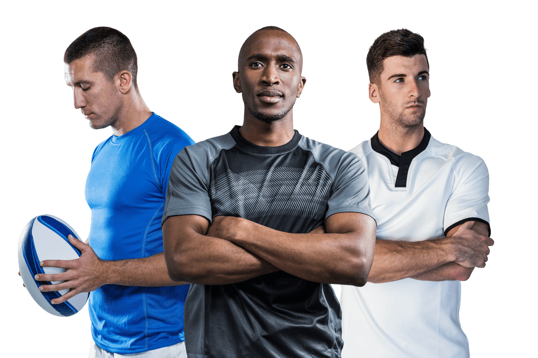 Diverse Sportsmen Standing Confident with Ball on Transparent Background