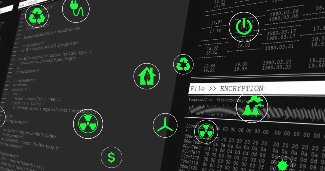 Green Technology Symbols Displayed Over Data Stream