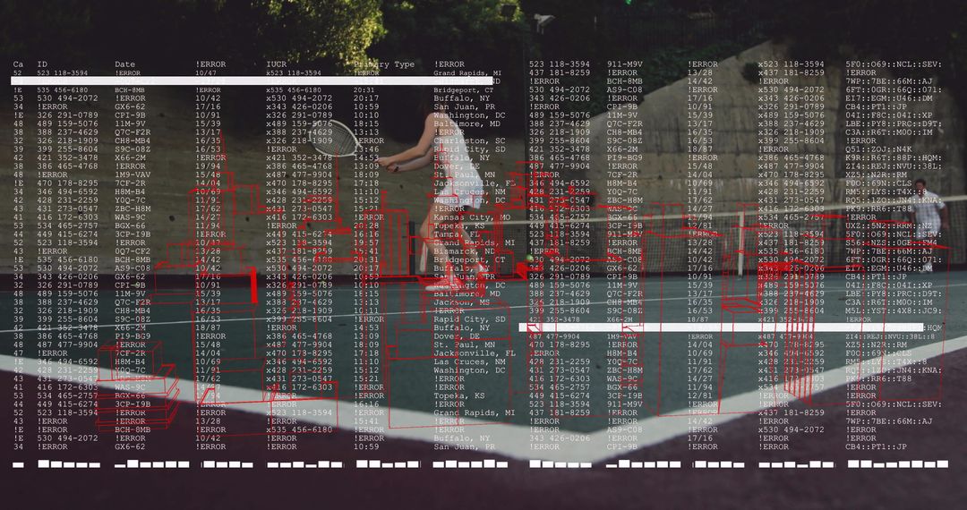 Female Tennis Player Swings Racket on Court with Digital Code Overlay