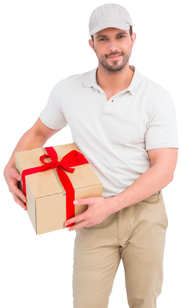 Transparent Delivery Man Holding Gift-Wrapped Box with Red Ribbon