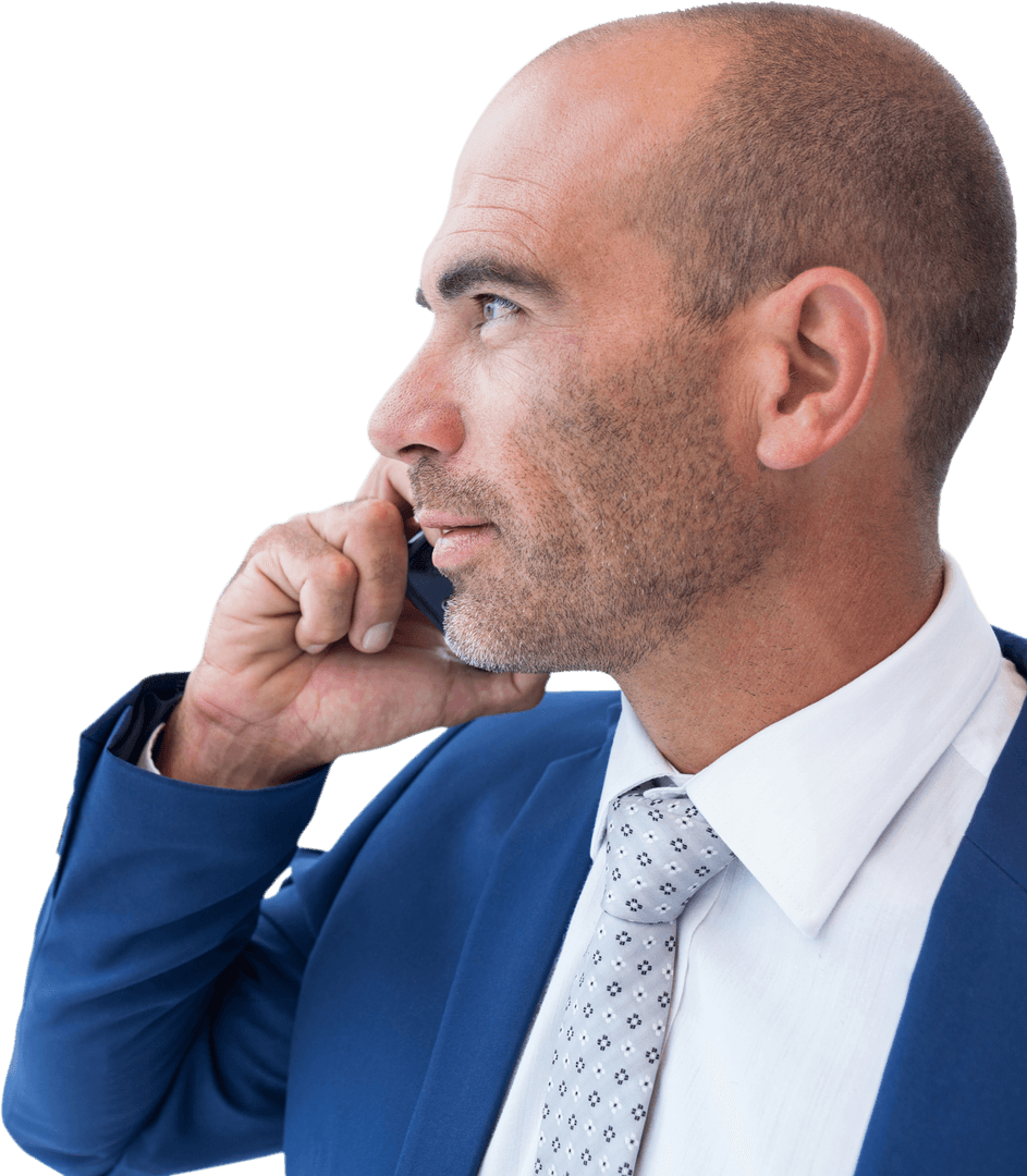 Transparent Businessman Talking on Mobile Phone Facing Right
