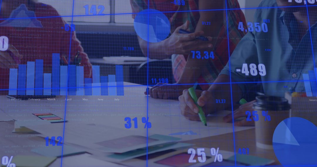 Diverse Team Collaborating Amidst Financial Data Projections