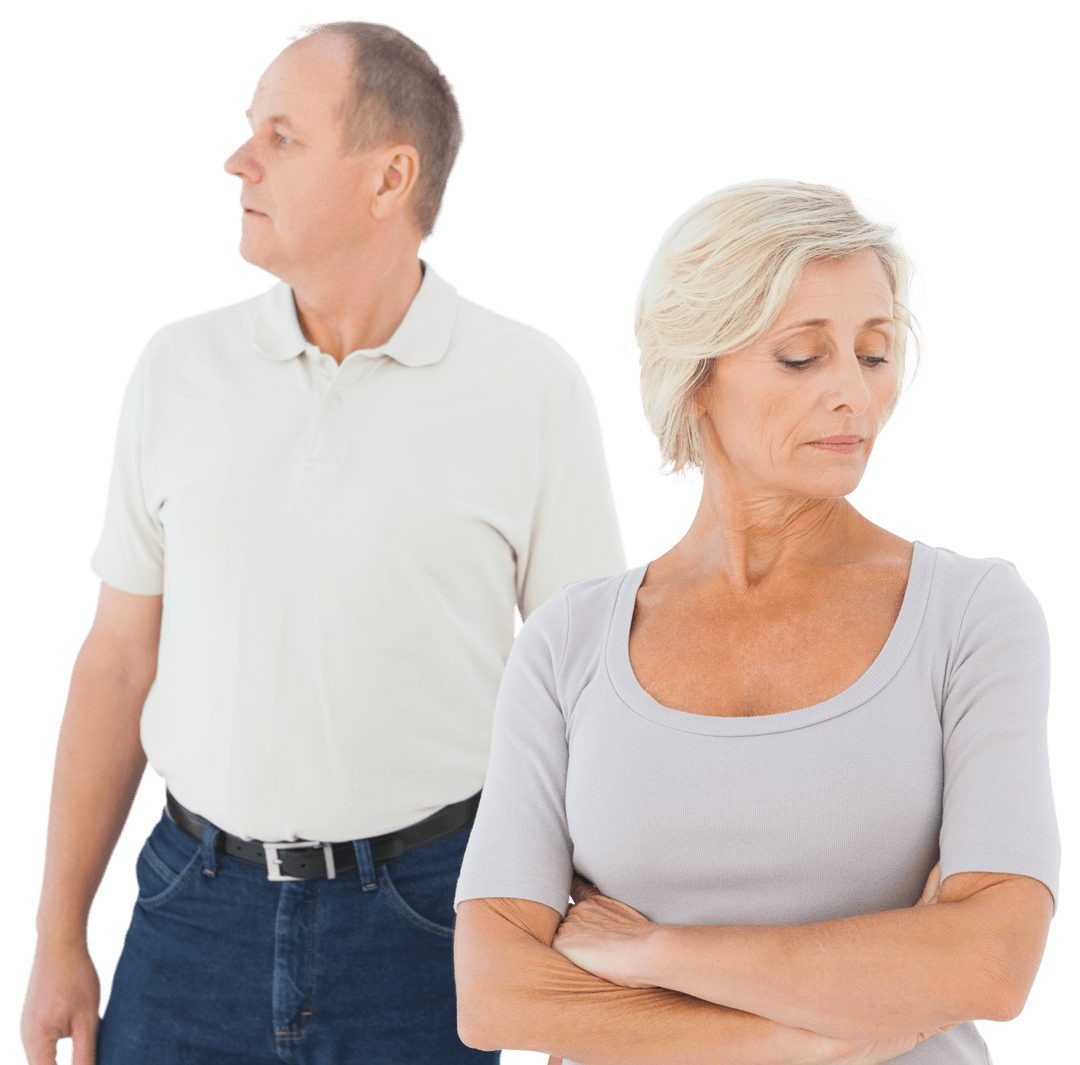 Transparent Senior Couple Arguing with Disconnected Expressions