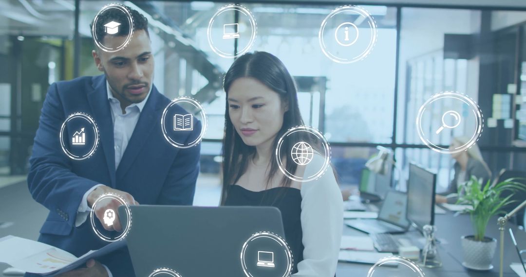 Diverse Team Analyzing Data with Innovative Technology Icons Overlay