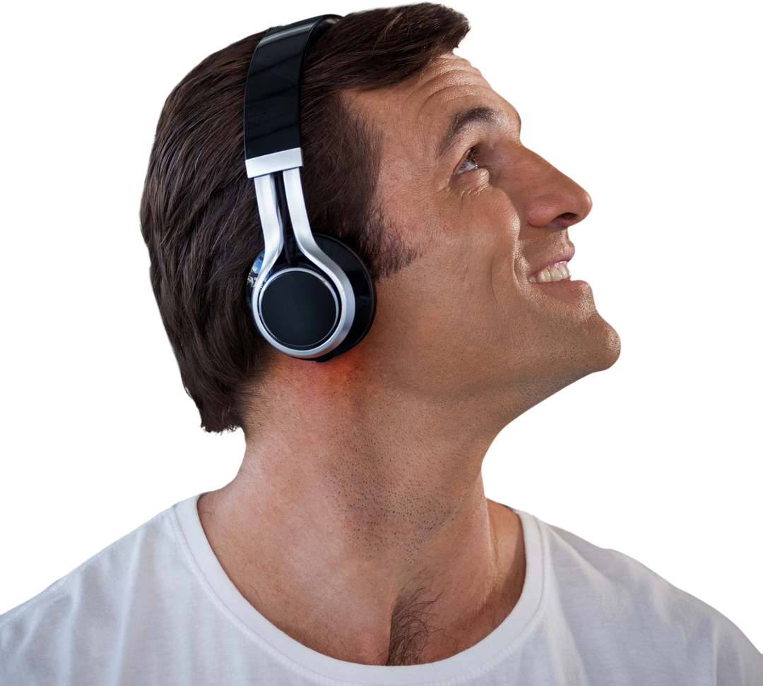 Mature Man in White Shirt and Headphones Looking Up Transparent Background - Download Free Stock Images Pikwizard.com