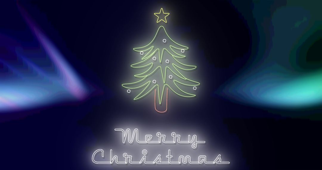 Neon Merry Christmas Text with Aurora and Tree Design