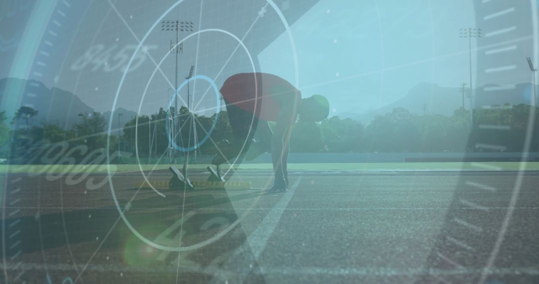 Athlete Ready to Sprint with Speedometer Overlay on Track