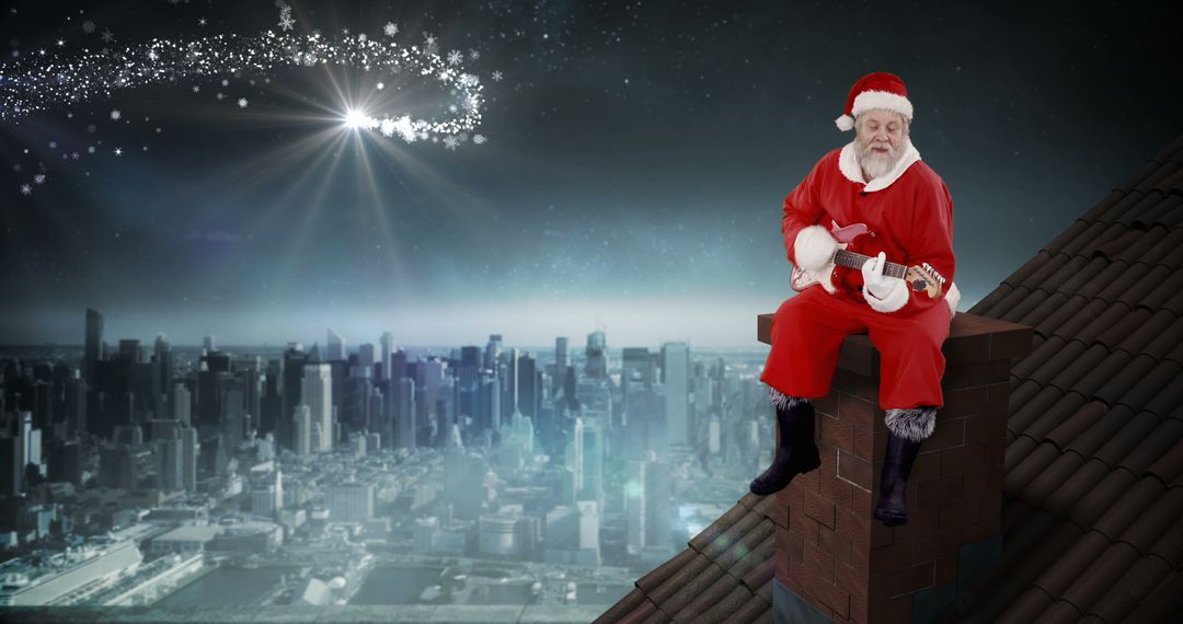 Santa Claus Playing Guitar on Rooftop Overlooking City Skyline - Free Images, Stock Photos and Pictures on Pikwizard.com