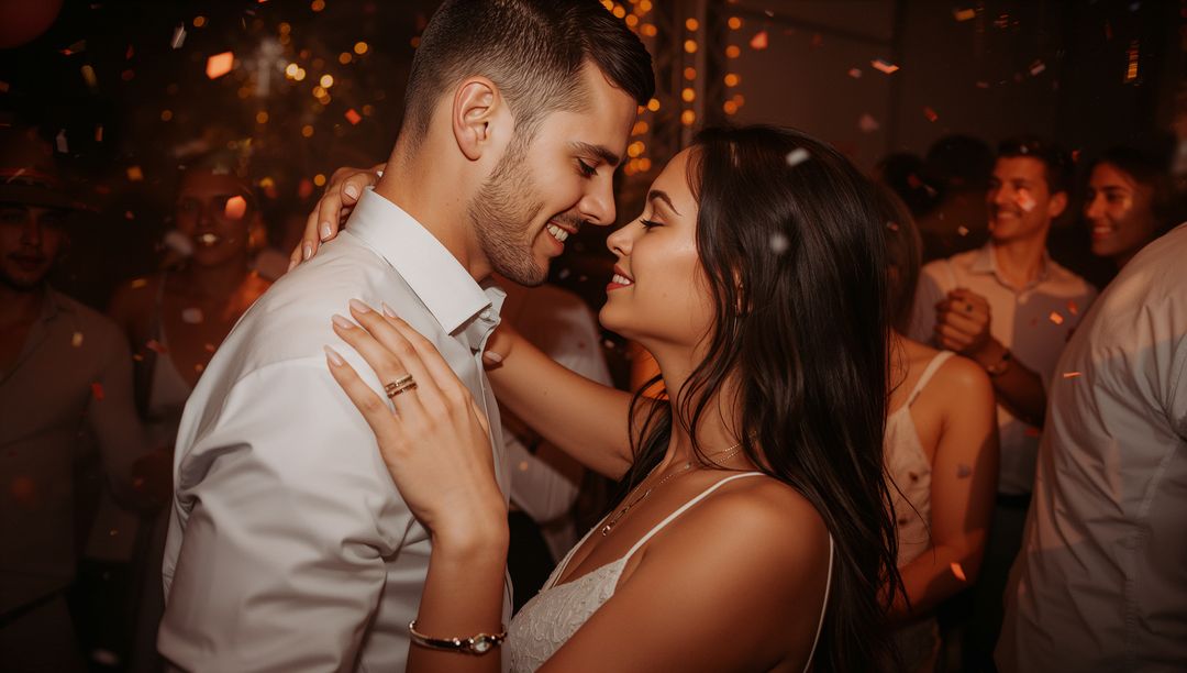 Couple Dancing Close During Romantic Reception with Confetti and Warm Bokeh Lights