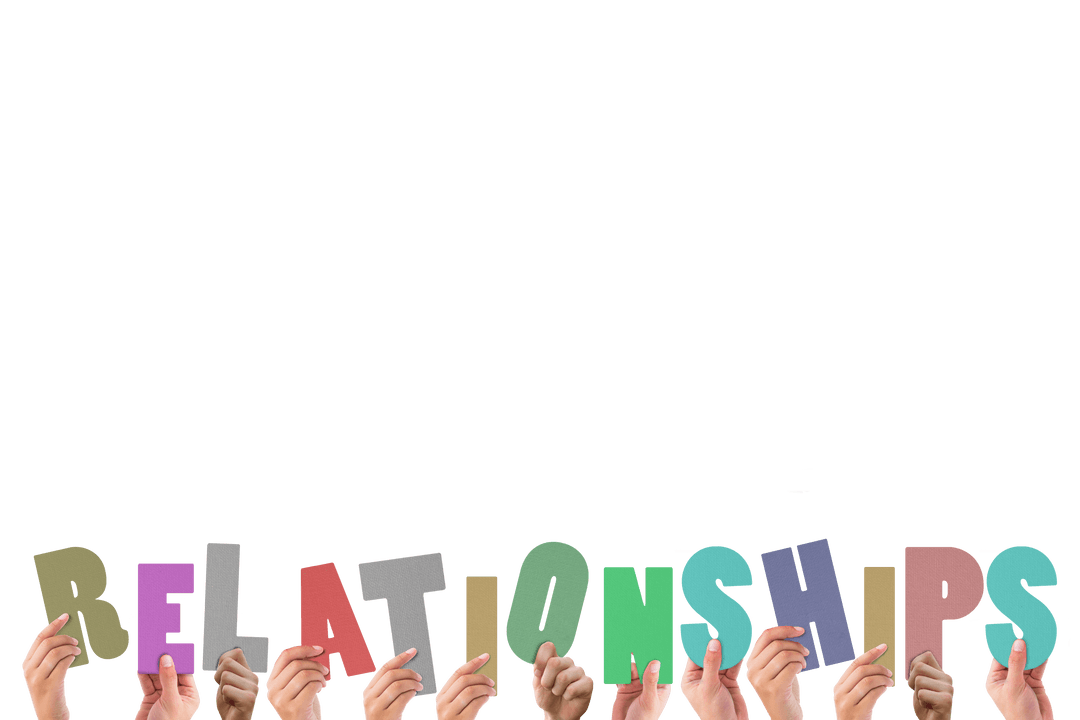 Diverse Hands Holding Transparent Word Relationships