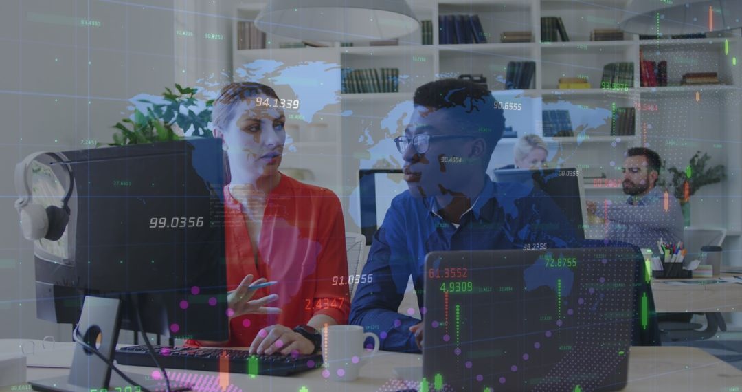 Diverse Businesspeople Collaborating in Modern Office with Digital Data Overlay