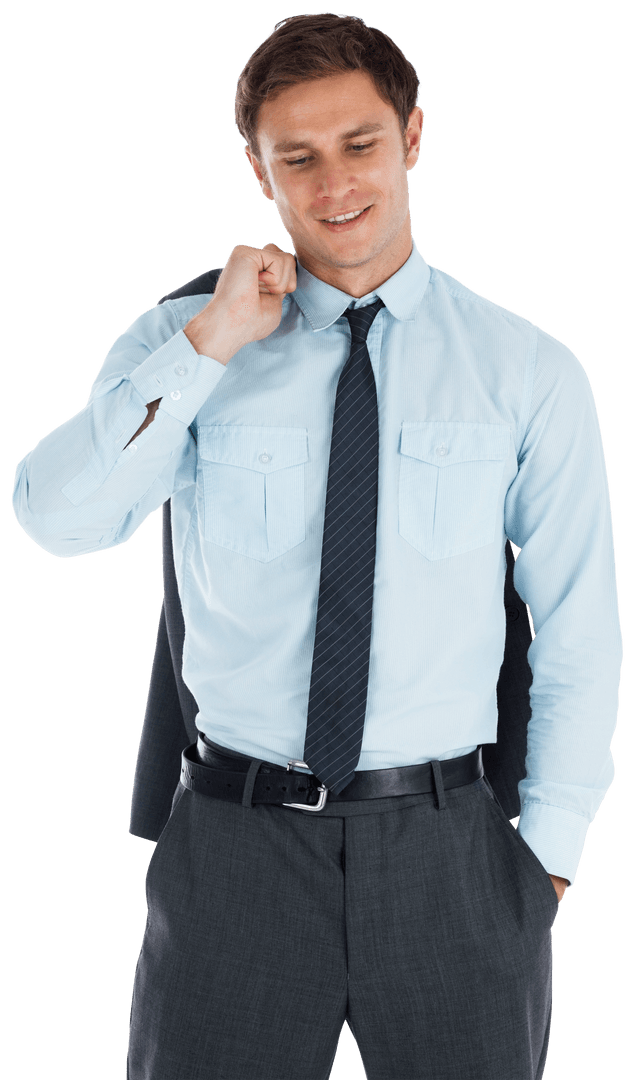 Smiling Businessman Holding Jacket on Transparent Background