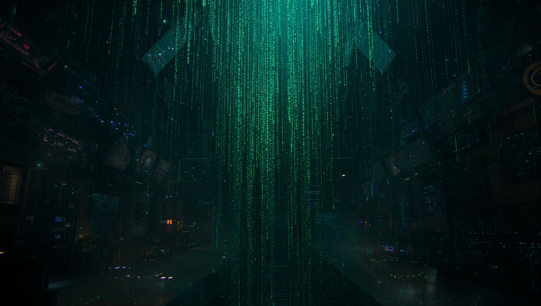 Flowing Digital Code in Futuristic Server Corridor Environment