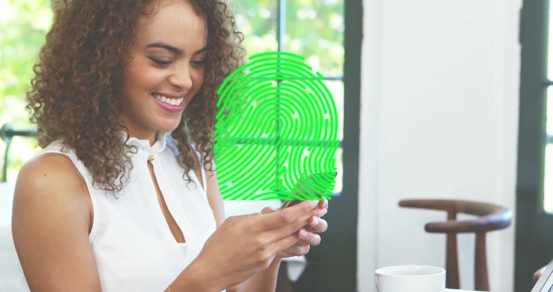 Smiling Woman Using Smartphone with Fingerprint Scan Overlay