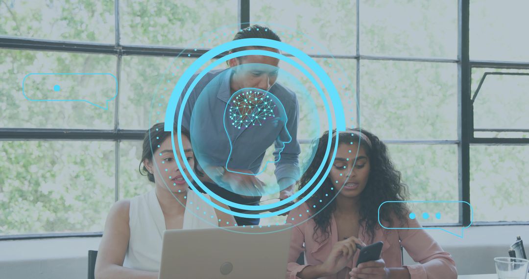 Business team collaborating over laptop with AI neural HUD overlay in bright office