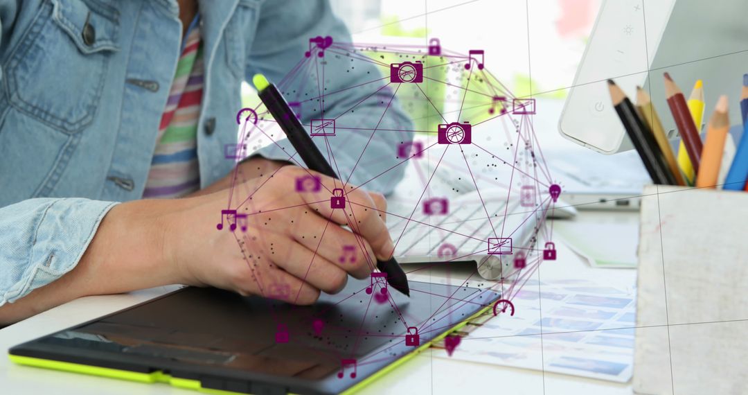 Artist Using Digital Tablet with Global Network Overlay