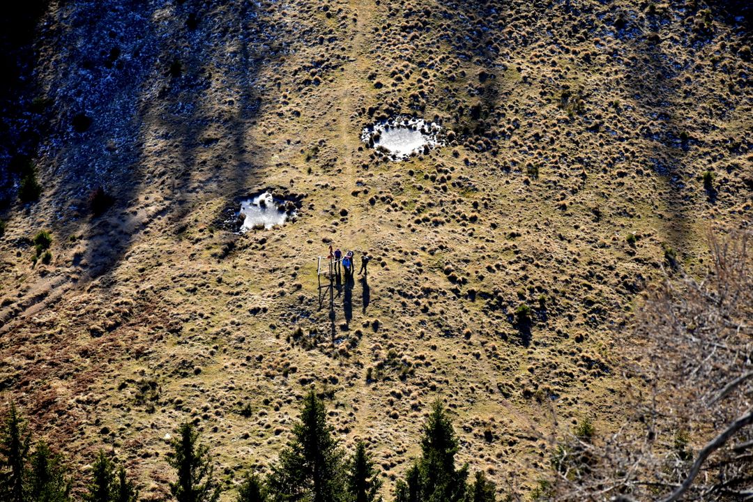 Aerial View of Hikers in Sunny Mountain Landscape - Free Images, Stock Photos and Pictures on Pikwizard.com