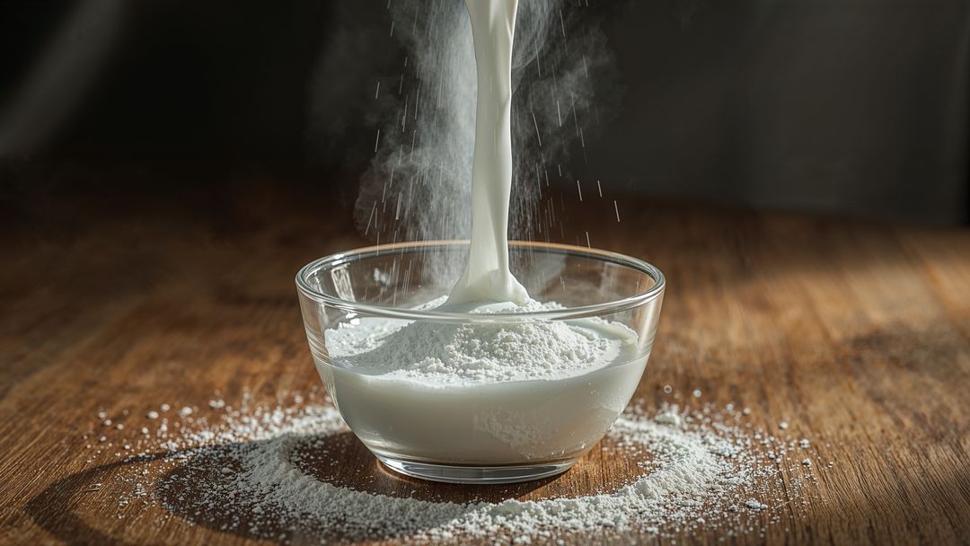 Silky Liquid Pours into Bowl Creating Flour Cloud