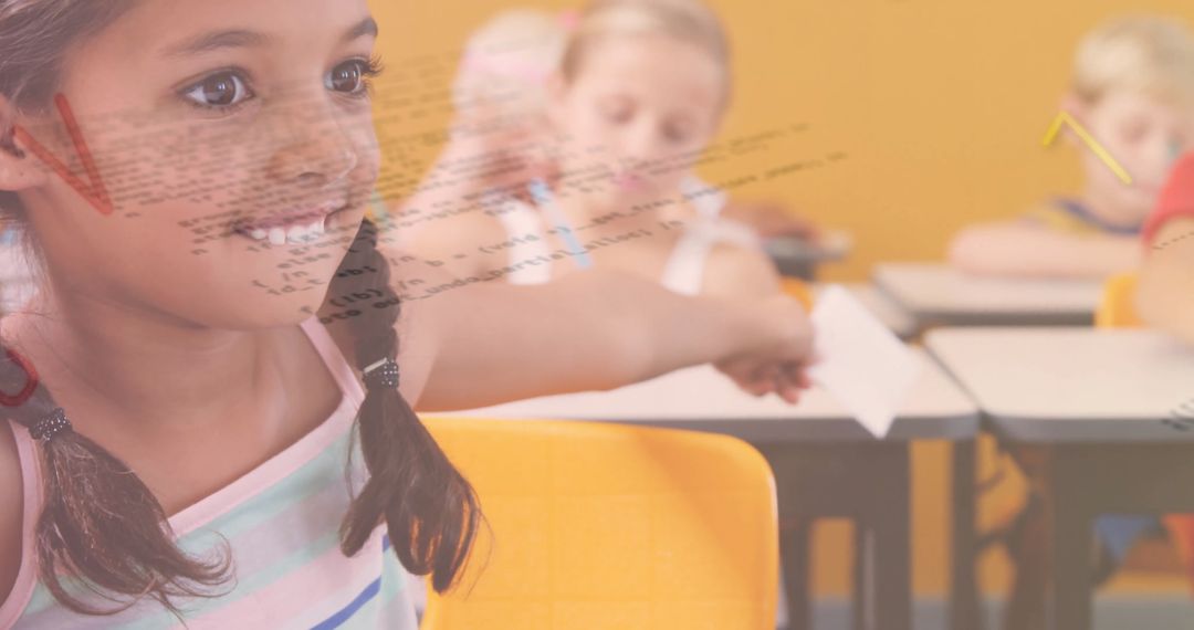 Smiling Girl in Vibrant Classroom Passing Note Between Desks