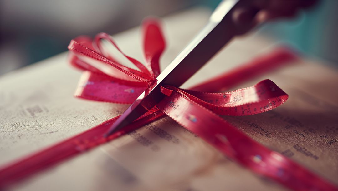 Scissors Cutting Red Ribbon on Brown Wrapped Gift Package
