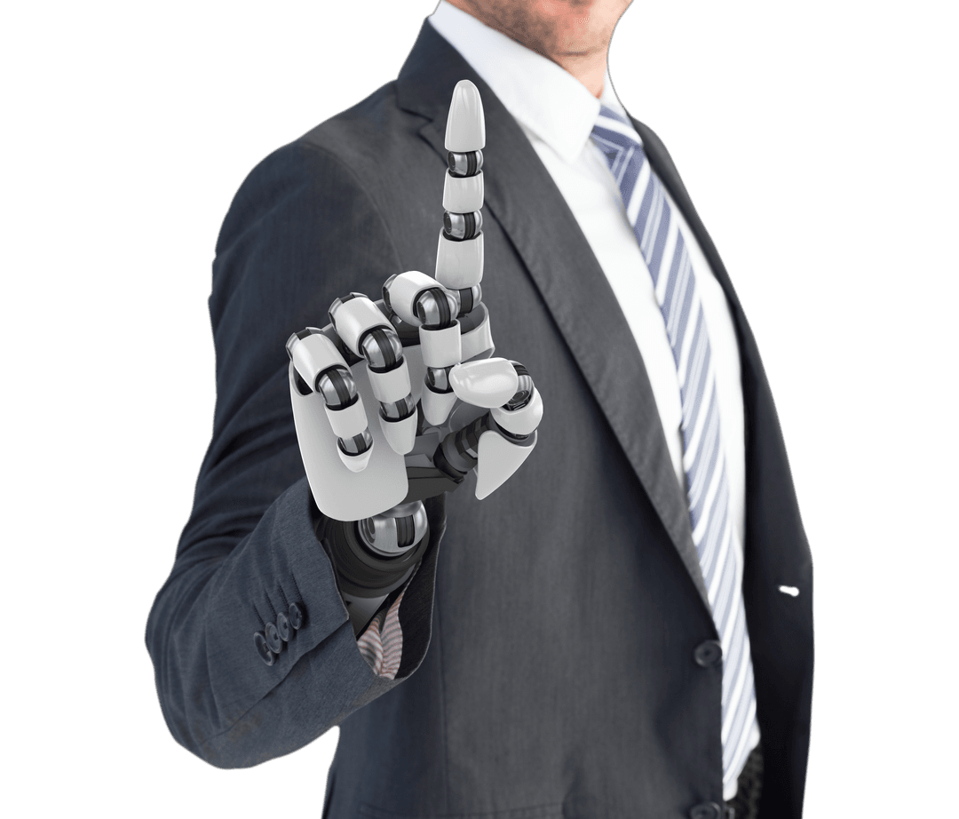 Transparent Businessman with Robotic Arm in Formal Suit