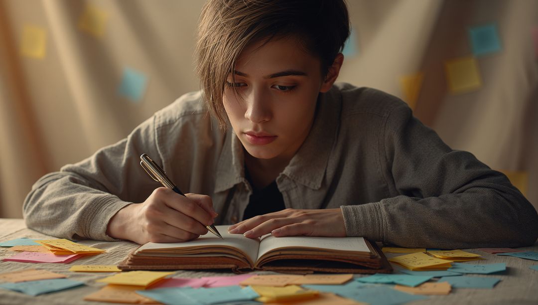 Focused Teen Writing in Notebook Surrounded by Colorful Sticky Notes