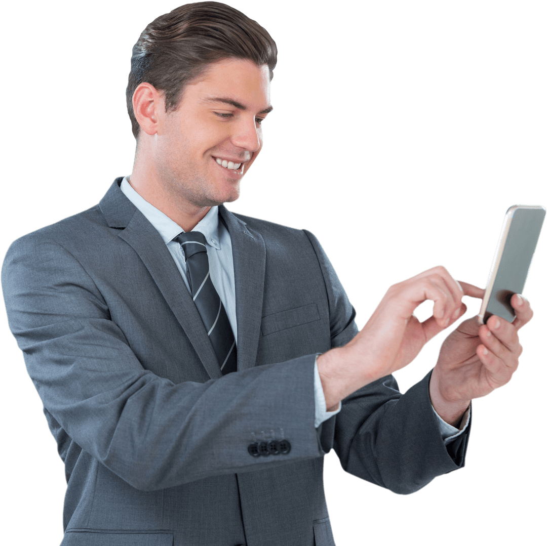Transparent Businessman Engaging with Smartphone