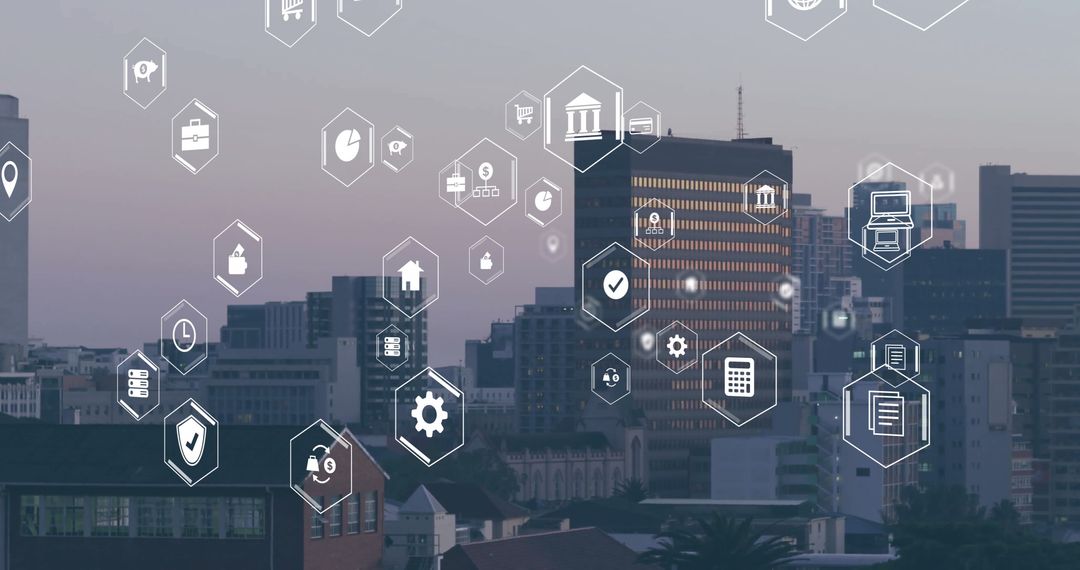 Digital Icons Over Cityscape Representing Data Processing and Connectivity