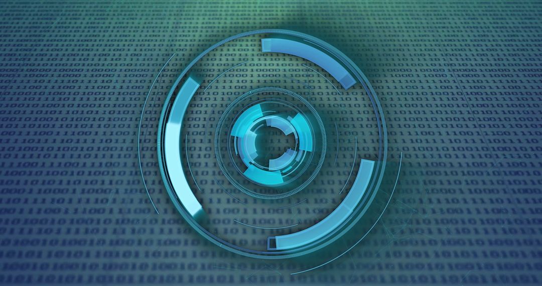 Futuristic digital binary code with rotating blue circles