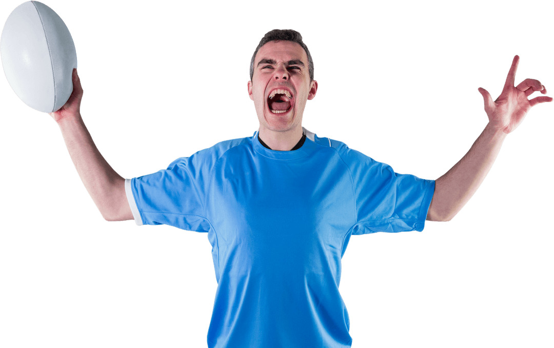 Transparent Rugby Player Celebrating Triumph with Ball