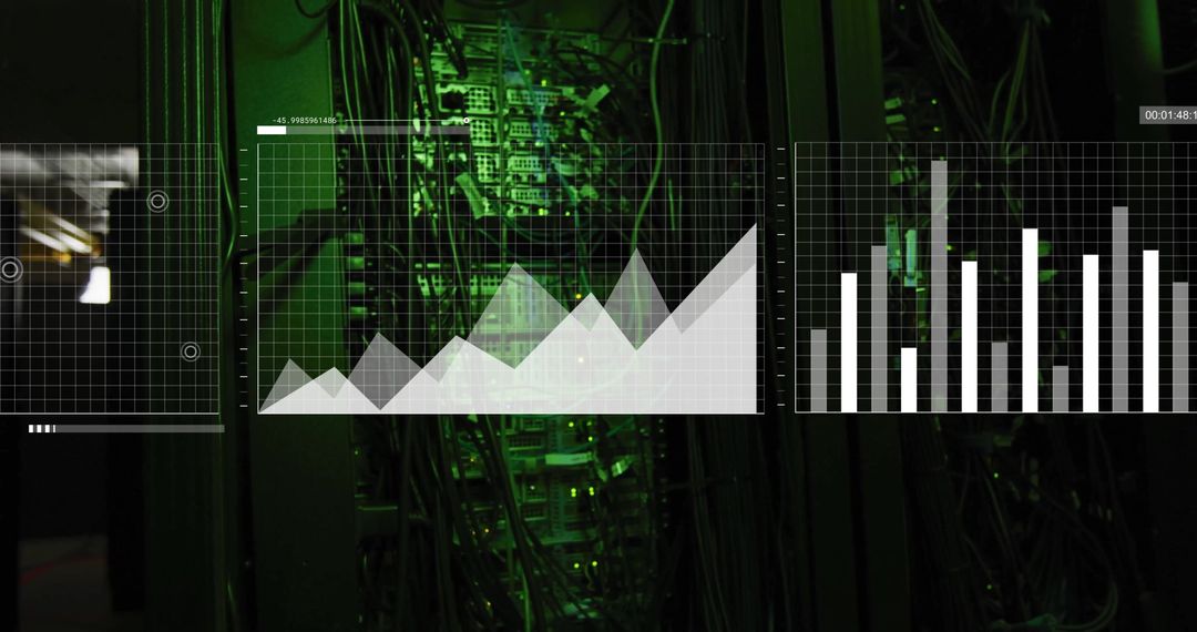 Digital Data Charts and Green-lit Server Room