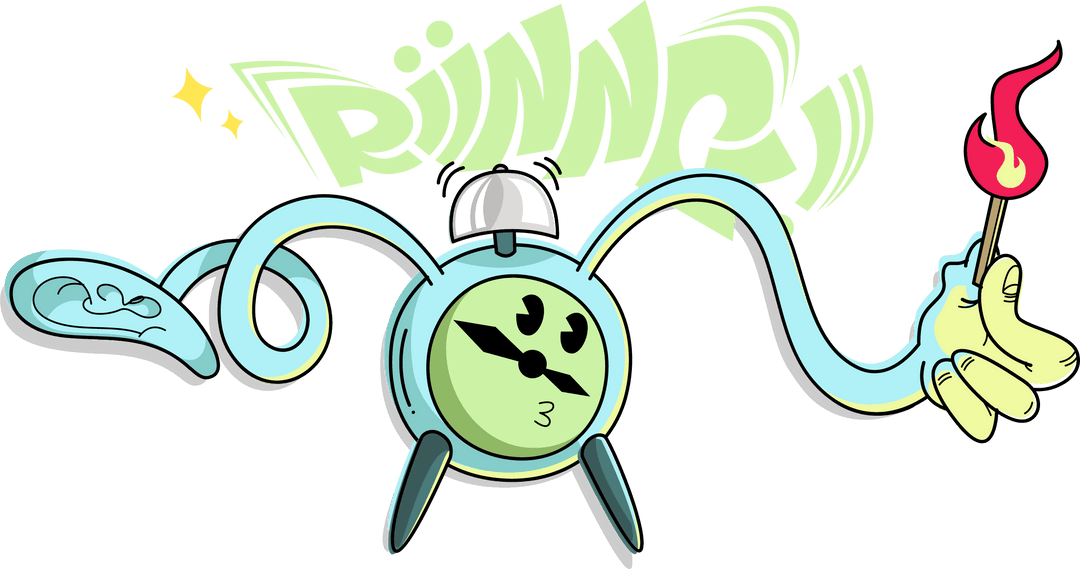 Whimsical Mint Alarm Clock Cartoon with Matchstick on Transparent Background